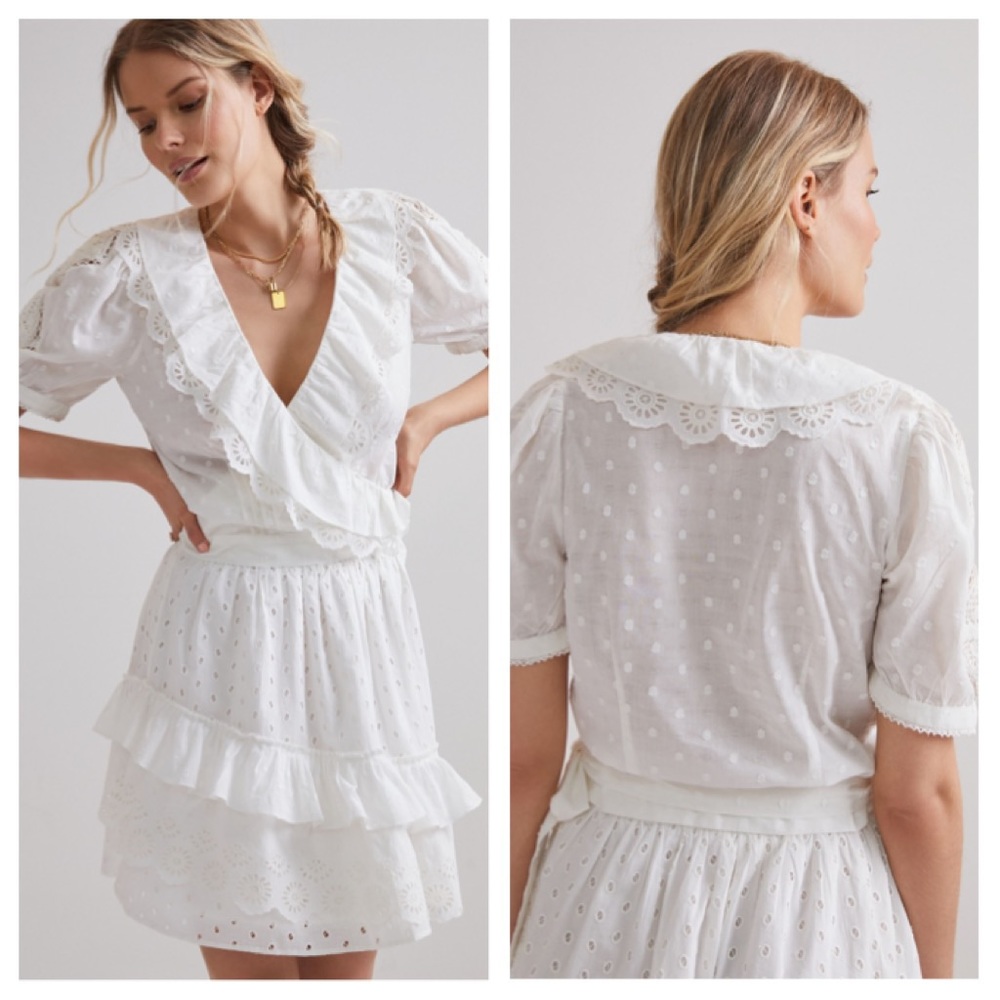Anthropologie White M Lacy Ruffled Wrap Blouse NWT